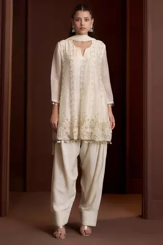Off white embroidered silk blend a-line pant  kurta set