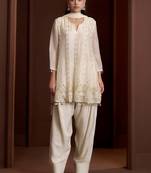 Off white embroidered silk blend a-line pant  kurta set