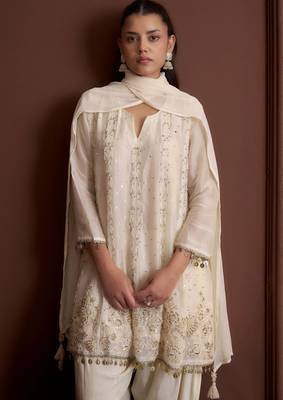 Off white embroidered silk blend a-line pant  kurta set 2