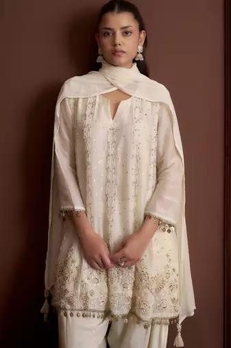Off white embroidered silk blend a-line pant  kurta set