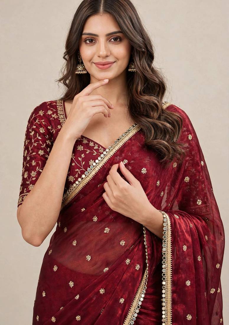 Designer fandy satin premium embroidered saree with mirror lace border