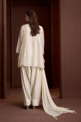 Off white embroidered silk blend a-line pant  kurta set 3