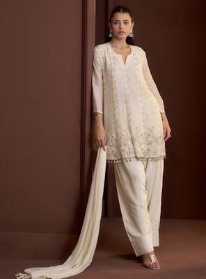 Off white embroidered silk blend a-line pant  kurta set 4
