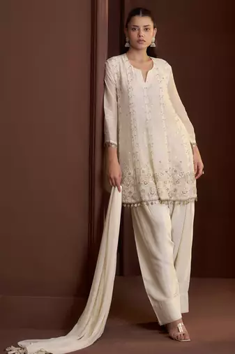 Off white embroidered silk blend a-line pant  kurta set