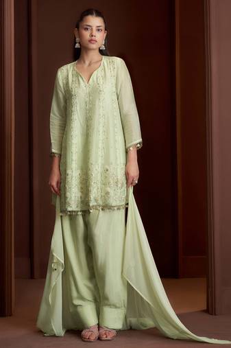 Green embroidered silk blend a-line pant  kurta set