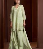 Green embroidered silk blend a-line pant  kurta set