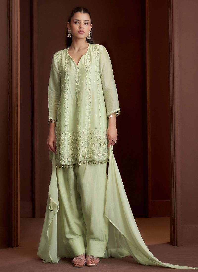 Green embroidered silk blend a-line pant  kurta set