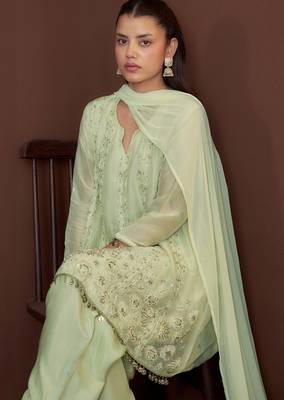 Green embroidered silk blend a-line pant  kurta set 2