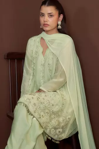 Green embroidered silk blend a-line pant  kurta set