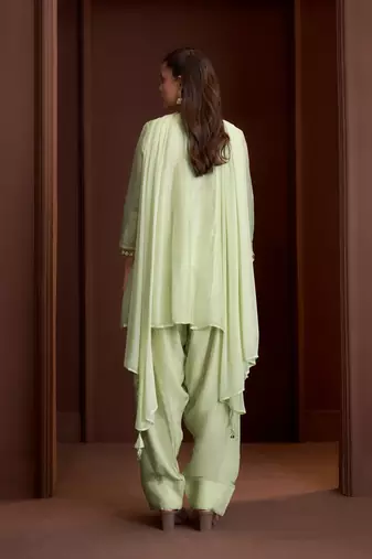 Green embroidered silk blend a-line pant  kurta set