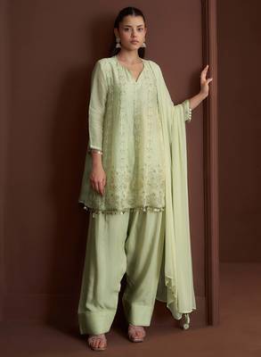 Green embroidered silk blend a-line pant  kurta set 4