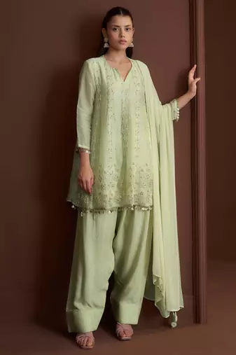 Green embroidered silk blend a-line pant  kurta set