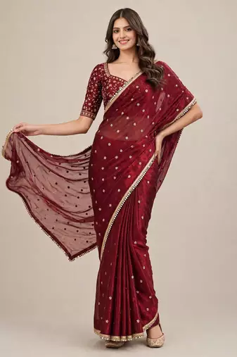 Designer fandy satin premium embroidered saree with mirror lace border