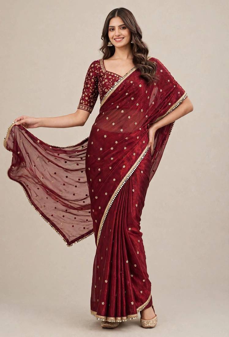 Designer fandy satin premium embroidered saree with mirror lace border