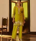 Green embroidered chanderi silk straight pant  kurta set