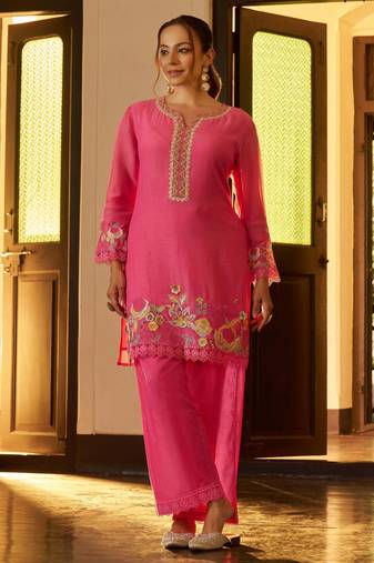 Pink embroidered chanderi silk straight pant  kurta set