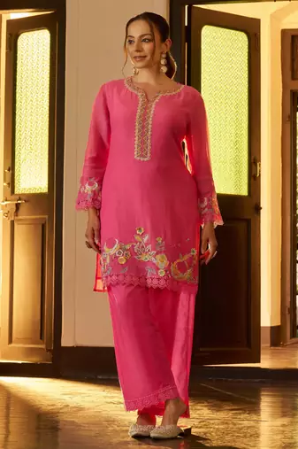 Pink embroidered chanderi silk straight pant  kurta set