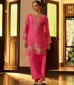Pink embroidered chanderi silk straight pant  kurta set