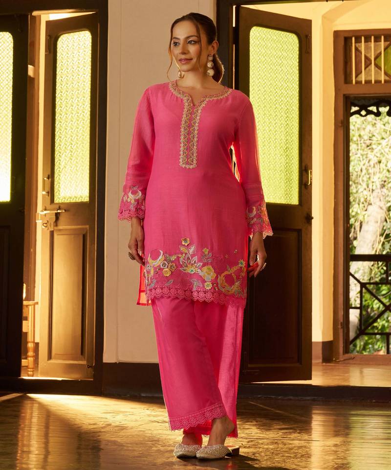Pink embroidered chanderi silk straight pant  kurta set