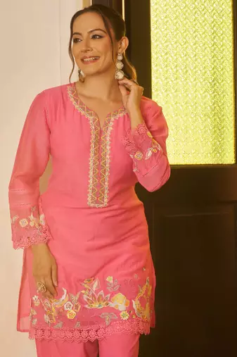 Pink embroidered chanderi silk straight pant  kurta set