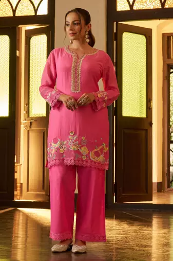 Pink embroidered chanderi silk straight pant  kurta set