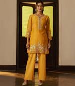 Red embroidered chanderi silk straight pant  kurta set