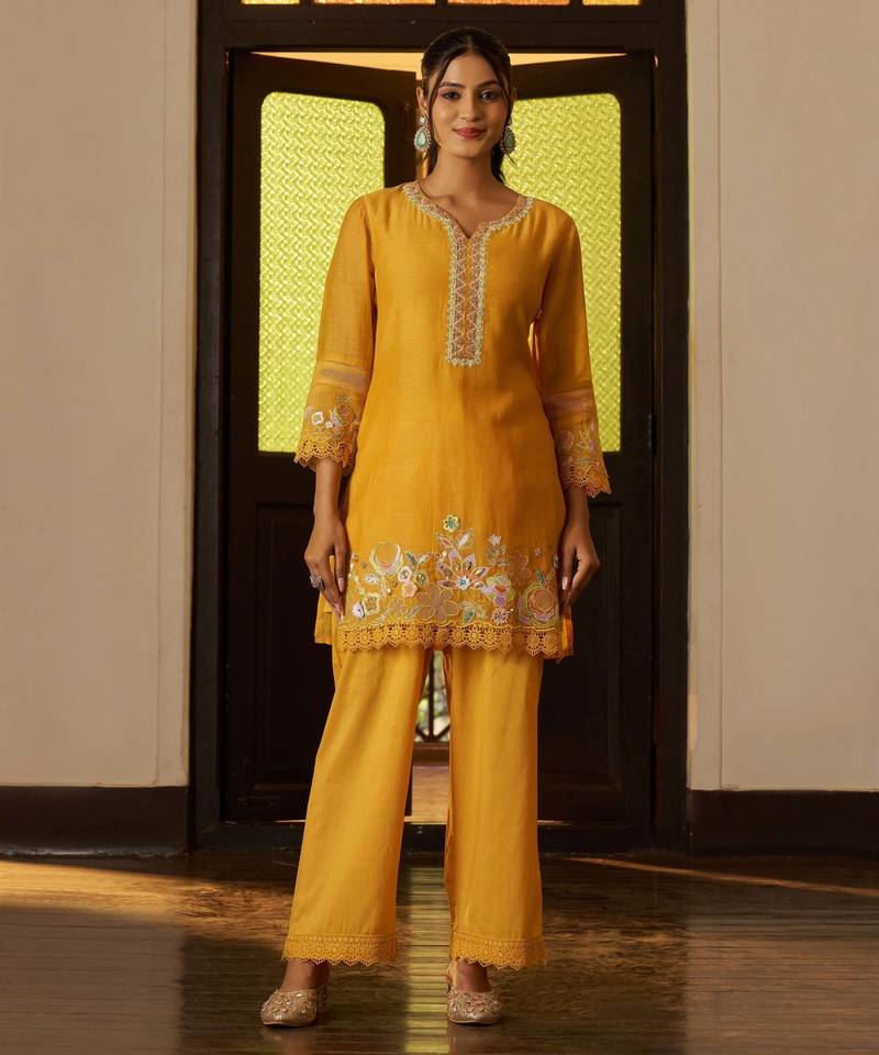 Red embroidered chanderi silk straight pant  kurta set