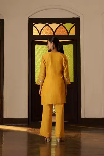 Red embroidered chanderi silk straight pant  kurta set