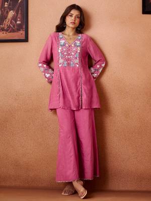 Pink embroidered chanderi silk a-line pant  co-ords 1