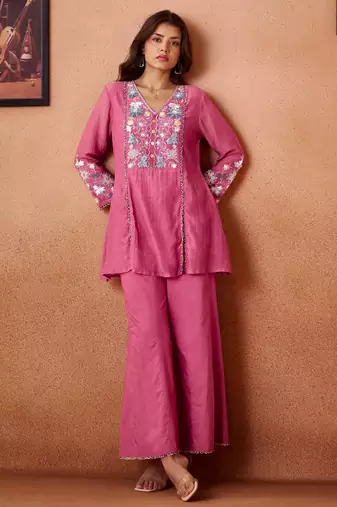Pink embroidered chanderi silk a-line pant  co-ords