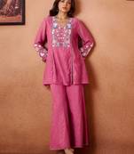 Pink embroidered chanderi silk a-line pant  co-ords