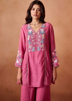 Pink embroidered chanderi silk a-line pant  co-ords 2