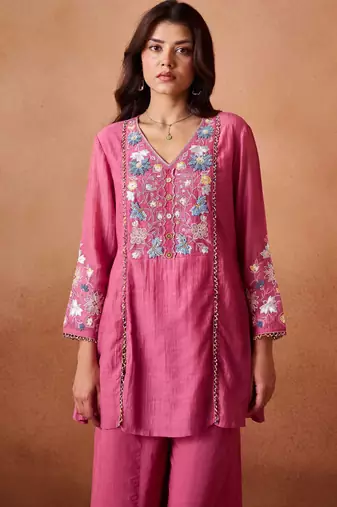 Pink embroidered chanderi silk a-line pant  co-ords