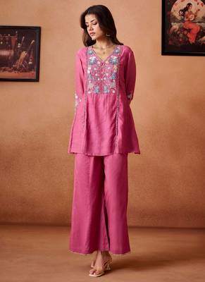 Pink embroidered chanderi silk a-line pant  co-ords 4