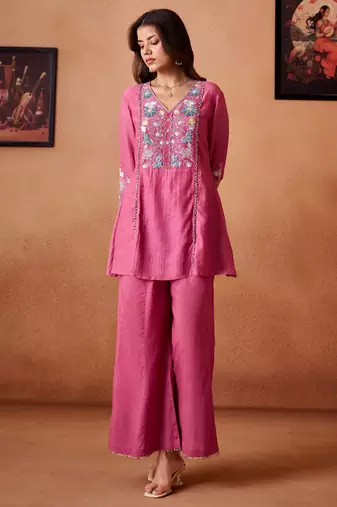 Pink embroidered chanderi silk a-line pant  co-ords