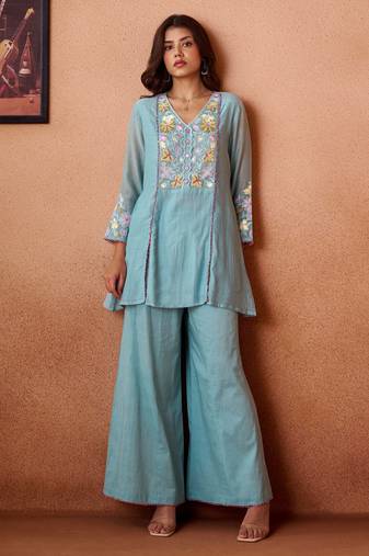 Blue embroidered chanderi silk a-line pant  co-ords