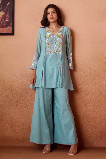 Blue embroidered chanderi silk a-line pant  co-ords