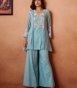 Blue embroidered chanderi silk a-line pant  co-ords