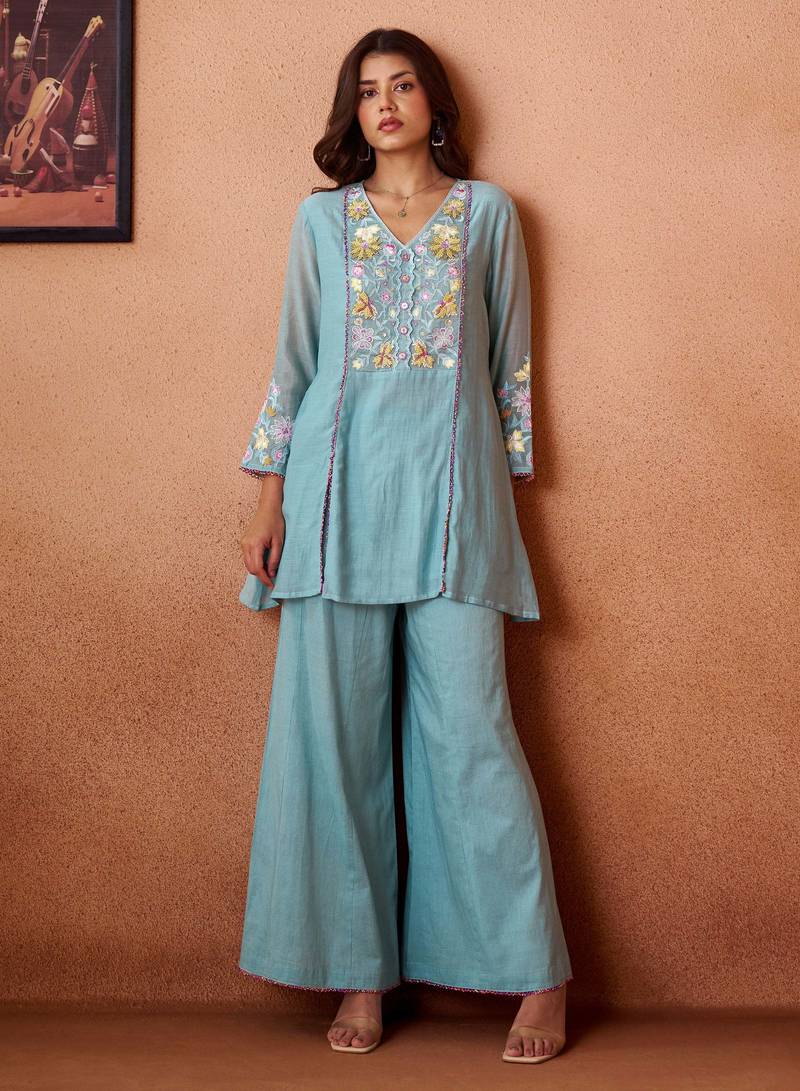 Blue embroidered chanderi silk a-line pant  co-ords