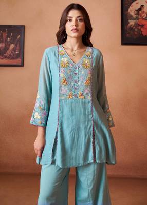 Blue embroidered chanderi silk a-line pant  co-ords 2