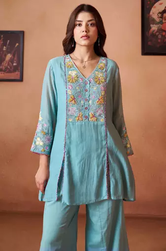 Blue embroidered chanderi silk a-line pant  co-ords
