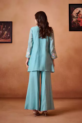 Blue embroidered chanderi silk a-line pant  co-ords