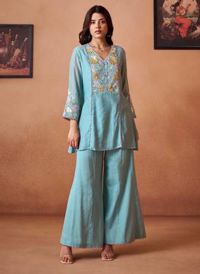 Blue embroidered chanderi silk a-line pant  co-ords 4