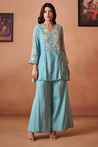 Blue embroidered chanderi silk a-line pant  co-ords