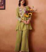 Green embroidered chanderi silk a-line pant  co-ords