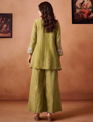 Green embroidered chanderi silk a-line pant  co-ords 3
