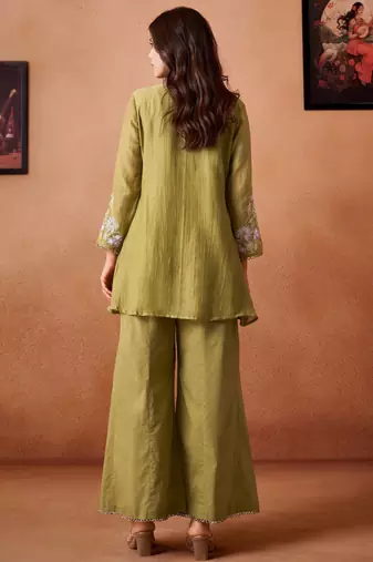 Green embroidered chanderi silk a-line pant  co-ords