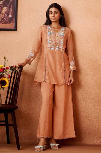 Peach embroidered chanderi silk a-line pant  co-ords