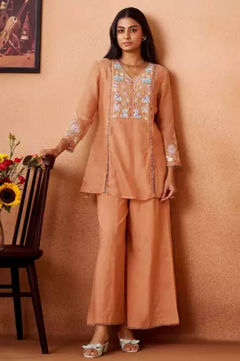Peach embroidered chanderi silk a-line pant  co-ords