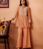Peach embroidered chanderi silk a-line pant  co-ords
